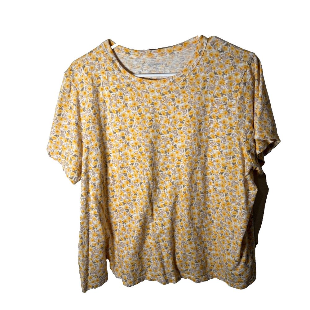 Old Navy T-Shirt Women's XL Yellow Gray Floral Crew Neck Boxy Everywear Shirt